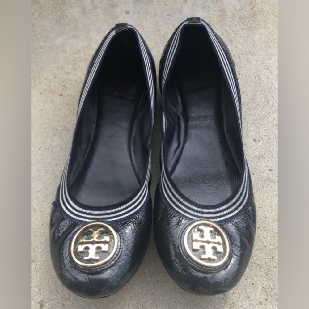 Tory Burch S 6 M CAROLINE Stripe Mestico Elastic Stripe BLACK Ballet Flat Shoe